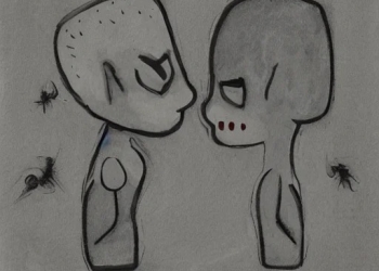 two grey aliens kissing