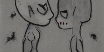 two grey aliens kissing