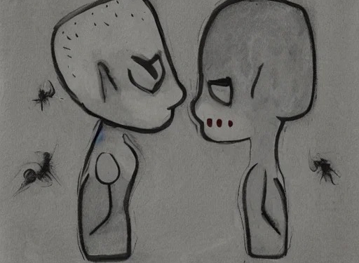 two grey aliens kissing