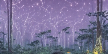 highly detailed illustration of a an old giant forest with fireflies and rain at night and lots of high exposure cummulonimbus clouds, abstract minimalist white sculpture in the middle by makoto shinkai, by moebius, by oliver vernon, by joseph moncada, by damon soule, by manabu ikeda, by kyle hotz, by dan mumford, by otomo, 4 k resolution