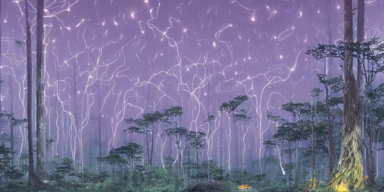highly detailed illustration of a an old giant forest with fireflies and rain at night and lots of high exposure cummulonimbus clouds, abstract minimalist white sculpture in the middle by makoto shinkai, by moebius, by oliver vernon, by joseph moncada, by damon soule, by manabu ikeda, by kyle hotz, by dan mumford, by otomo, 4 k resolution